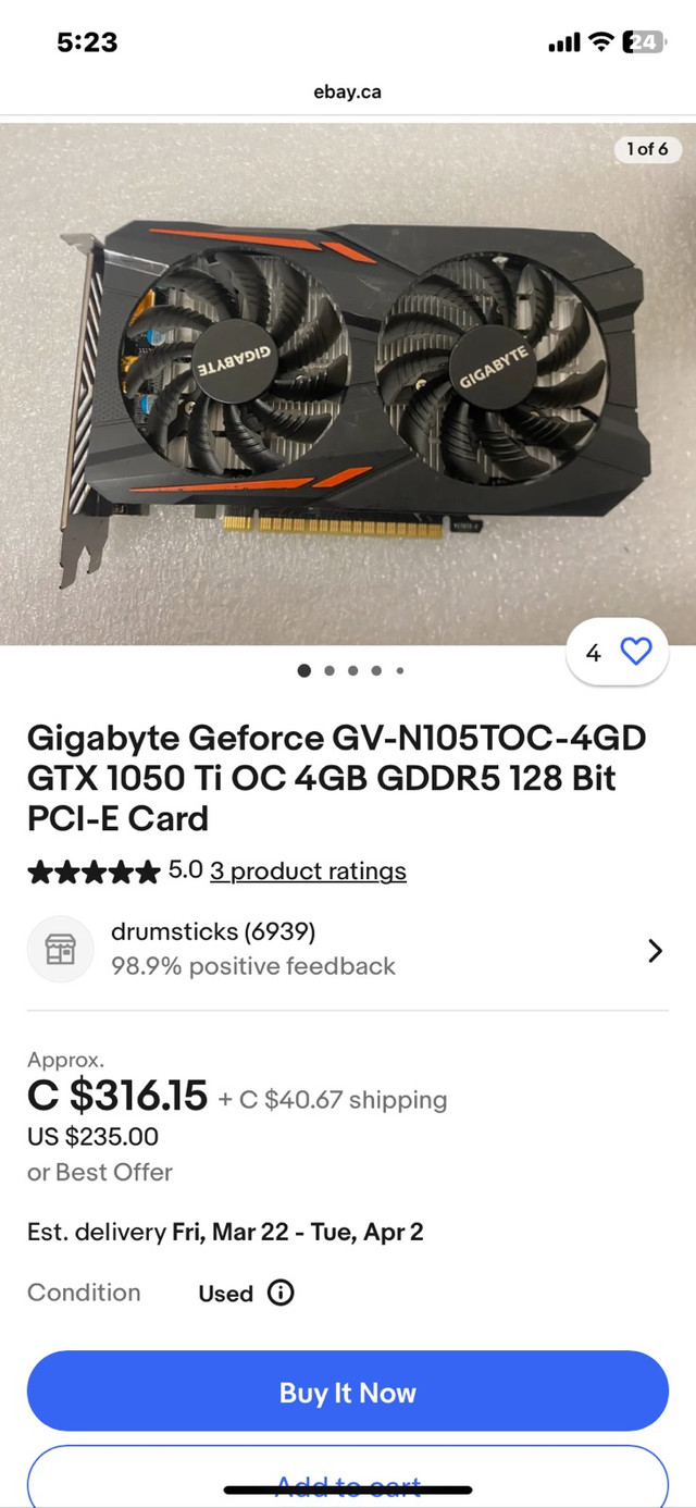 Gigabyte GTX 1050ti (4gbs) in System Components in Ottawa