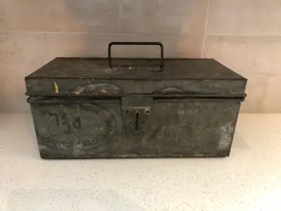 Vintage galvanized tool box stamped Robert Steel Canada, RCL Hamilton. Ontario. Possibly from around...
