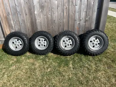 Upgraded my rims and tires so don’t need these any more. Two tires are 25x8x12 and two are 25x10x12....