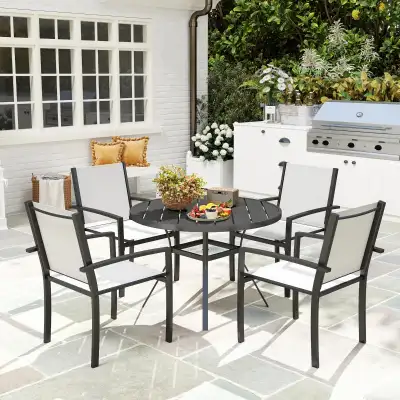 5 Piece Outdoor Dining Set with Round Table and 4 Stackable Chai, View more