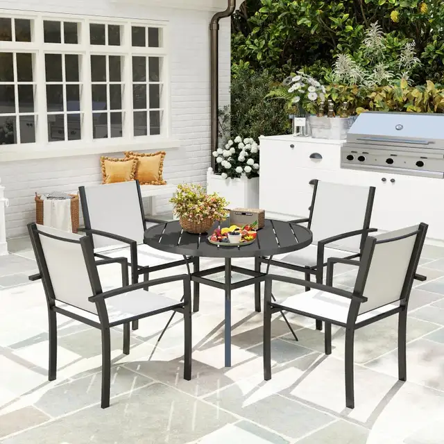 5 Piece Outdoor Dining Set with Round Table and 4 Stackable Chai in Patio & Garden Furniture in Markham / York Region - Image 2