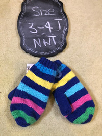 Brand New Girls Blue with multicolored Stripes Mitten - NWT 3/4