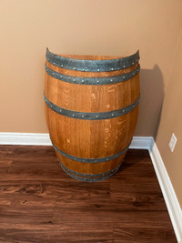 Decorative oak wine barrel half table for sale.
