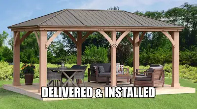 12x20 CEDAR WOOD GAZEBO WITH ALUMINUM ROOF Pre-cut Pre-drilled Pre-stained Comes brand new sealed in...