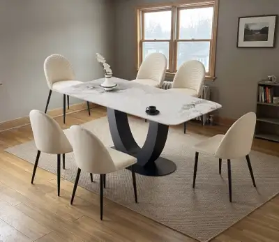 7-Piece Dining Set | Marble-Look Table & 6 Cream Chairs, View more