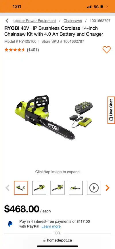 RYOBI 40V HP Brushless Cordless 14-inch Chainsaw Kit with 4.0 Ah Battery and Charger BRAND NEW IN BO...