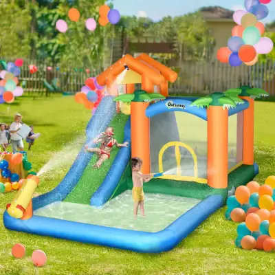 Large Bounce House w/ Inflatable Water Slide, Summer Theme Jumping Castle w/ Trampoline, Water Pool,...
