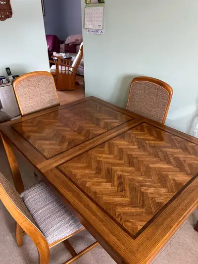 Teak herringbone dining table set with matching china cabinet, View more