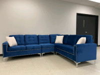 NEW- Velvet Sectionals With Silver Legs & White Throw Pillows