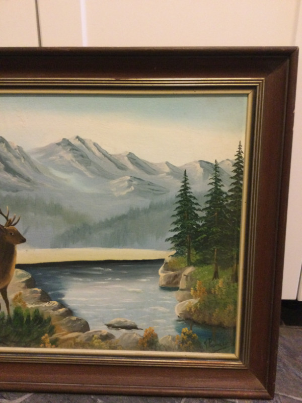 Art Painting on board with wood frame deer landscape signed in Arts & Collectibles in Winnipeg - Image 4