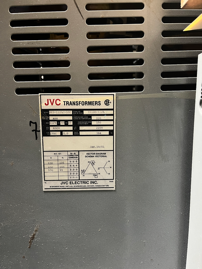 For Sale: Used JVC Electric Inc. KVA 112.5 Isolation transformer with Neutral. 600V to 220V/125V. 3...