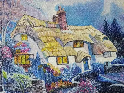 PAINTING English Cottage SIGNED J Riley VINTAGE large Framed PICTURESQUE … lovely colors – perfect t...