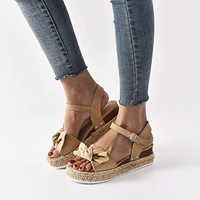 Bow Ankle Strap High Heels Platform Sandals - Khaki/Leopard