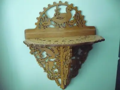 INTRICATE ALL WOOD HAND SCROLLED WALL SHELF 16"H X 12"W LIKE NEW, View more