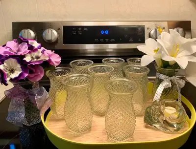 10 Vintage Hexagonal Bud Vases,  Hoosier Glass #4071, 5.5” high, View more