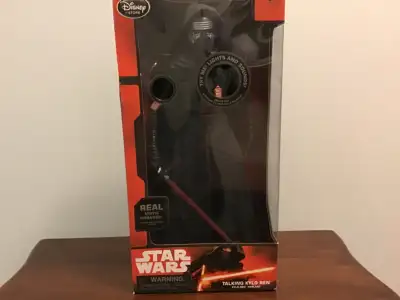Has real phrases from the movie and light up lightsaber. Never been opened Stands 12” tall