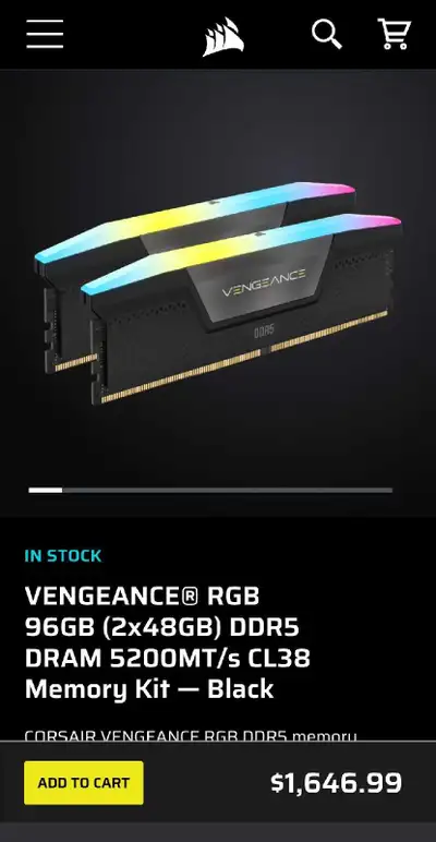 VENGEANCE RGB 96GB (2x48GB) DDR5 Ram 5200MT/s, View more