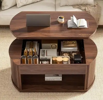 41.7” Oval Fluted Wood Coffee Table with Lift Top, View more