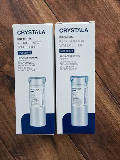 2 Crystala CF9 water filters for refrigerator. Generally used on GE but may fit other brands. Check...