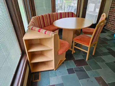 Corner nook table with bench seating and chairs, View more