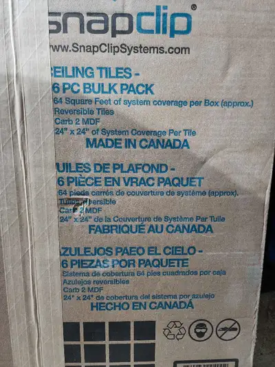 New - Unused $250 + taxes at Costco 64 sq ft of tiles A few cross T-Bars missing