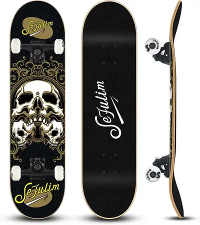Sefulim 31 x 8 Inch Complete Skateboard 7 Layer Canadian Maple Double Kick Deck Concave Cruiser Tric...