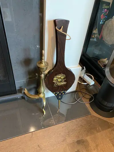 Solid brass andirons and bellows, View more