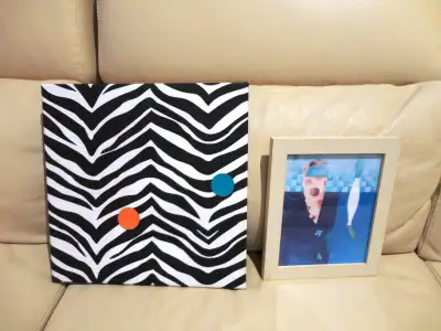 Zebra Print Message or Photo Padded Board and an abstract Framed Art Picture of a Dog and a Flower i...