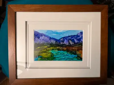 “Mountain Stream, Afternoon” , alcohol ink on Yupo paper, complete with an attractive wood frame. By...