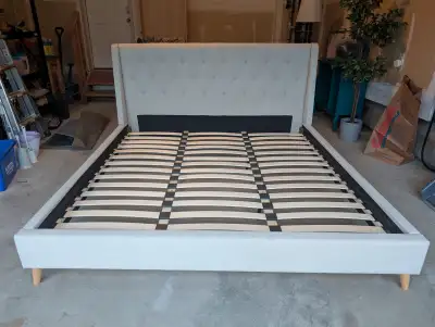 King Size Bed Frame – Upholstered Platform with Tufted Headboard, View more