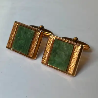 Vintage MCM Cufflinks f. Jade Faces, Red-Gold Finish, View more