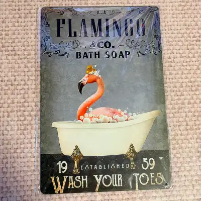 Funny Metal Tin Sign Flamingo In Bath, View more