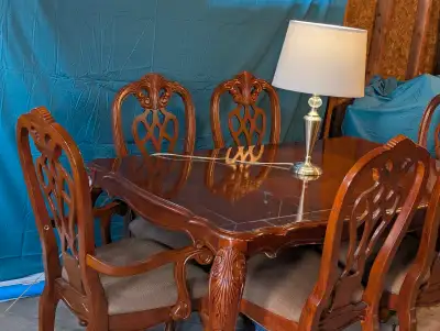 1970's hard wood dinning table and chairs, View more