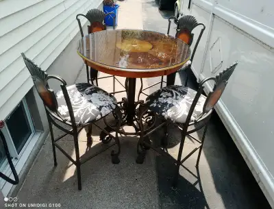 Metal and inlay wood hightop dining set, View more