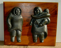 Vintage Canadian  Inuit Soapstone Carving on Wood 1970's