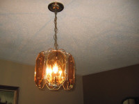 CEILING Hanging Brass Plated 6 Smoke Glass Panels, 3 bulb socket