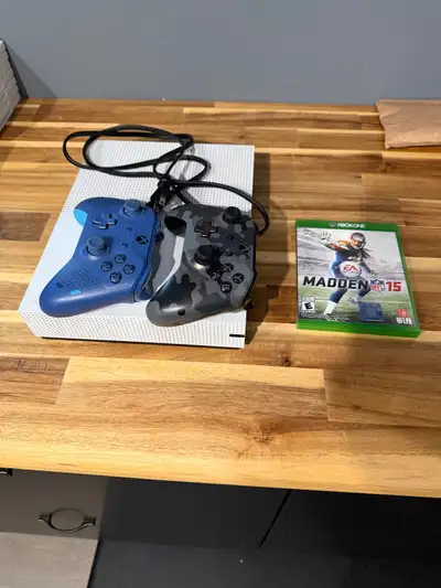 Selling a white Microsoft Xbox One S gaming console bundle, complete with two wireless controllers a...