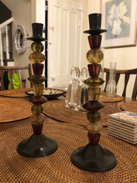 Vintage Pair CandleSticks Made Of Metal & Large Glass Beads