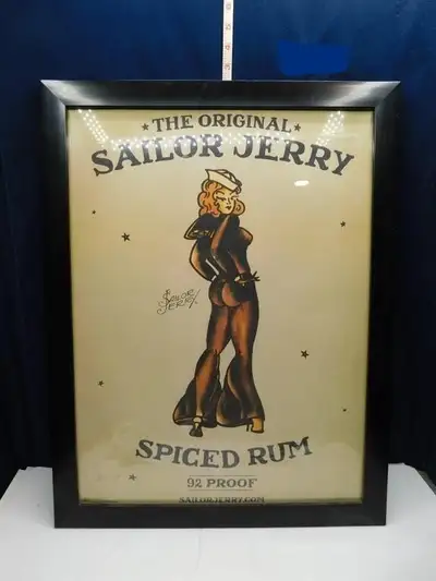 VINTAGE "SAILOR JERRY" SPICED RUM BAR POSTER FRAMED 32 X 18, View more