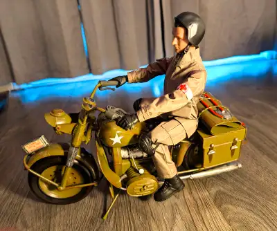 Soldier US Army Dispatch Rider & Motorcycle, Tin pressed metal,, View more