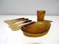 old GLASGOW carved horn TUMBLER BEAKER 4 spoons TEA CADDY SCOOP