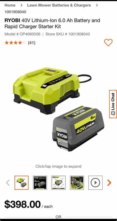 Ryobi 40V 6.0 AH battery with Fast Charger. Brand new, View more