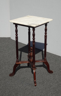 Vintage French American Burgundy Side Table, White/Gray Marble