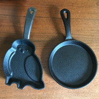 2 NEW Small Cast Iron Pans Never Used Owl & Round  