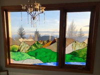 Stained Glass Windows, mountains and lake scene
