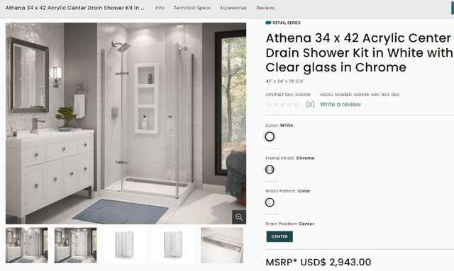 Athena Corner Shower Kit-TUB ONLY-Model 300008-900-084-000 in Plumbing, Sinks, Toilets & Showers in Owen Sound