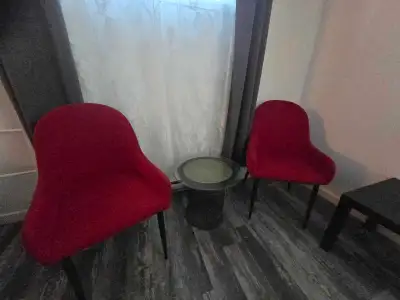 Set of Red Upholstered Accent Chairs with black table, View more