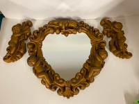 Vintage ornate gold cherub heart shaped mirror and two cherubs