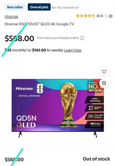 New Hisense 65QD5N 65" QLED 4K Google TV$520 Flat, View more
