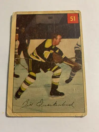 1954-55 PARKHURST HOCKEY #51 BILL QUACKENBUSH BOSTON BRUINS STAT BACK. Please see the photos and jud...